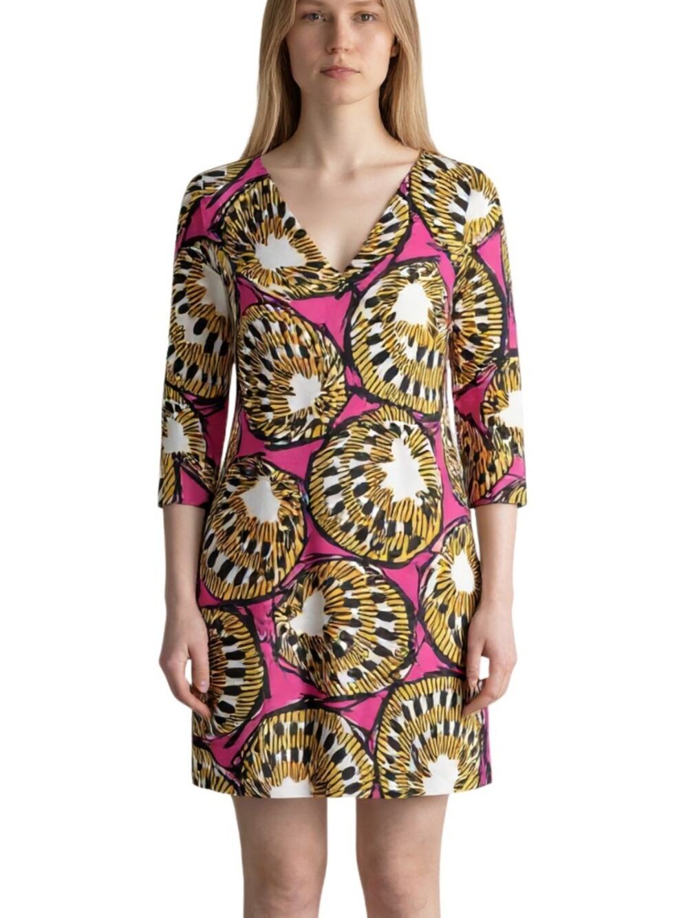 J Crew Tropical Print Shift Dress Pink Gold Cotton V Neck Resort Cruise XS 00 - Picture 1 of 11